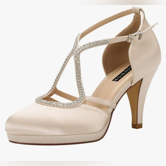 🩵NWOB Champagne Rhinestone Satin Strappy Platform Heels Size 8 - Picture 3 of 14